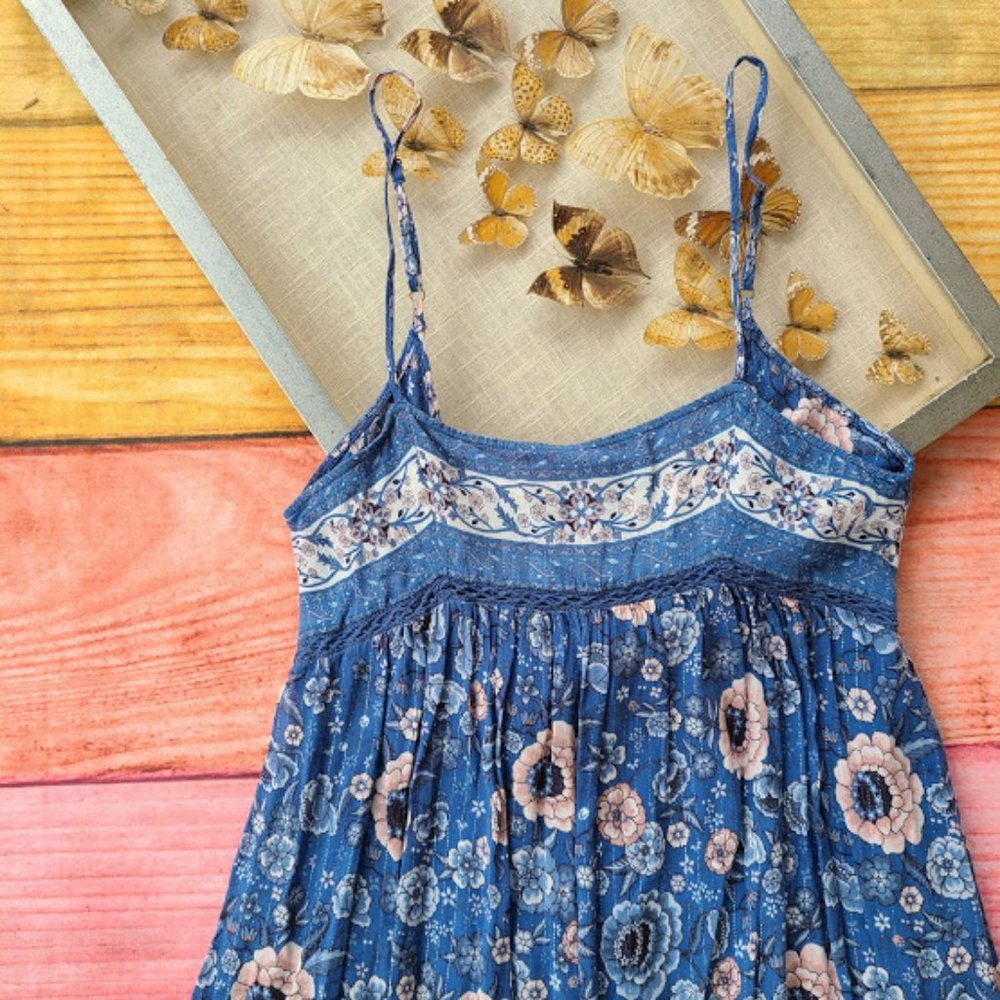 Spell Blue Floral Zahara Metallic Midi Boho Dress - Picture 9 of 16